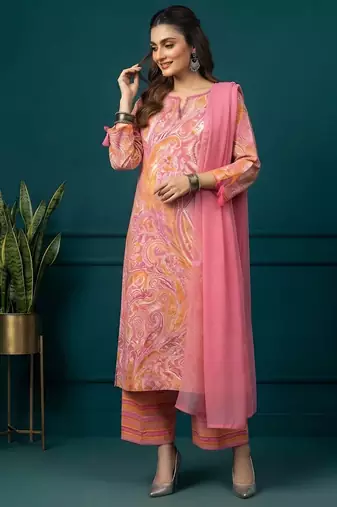 Pink printed pure cotton kurta trouser dupatta set