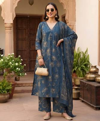 Teal printed pure cotton kurta trouser dupatta set 1