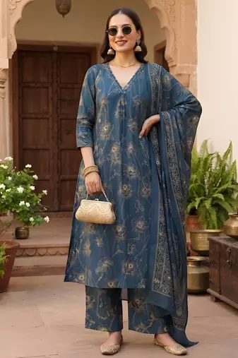 Teal printed pure cotton kurta trouser dupatta set