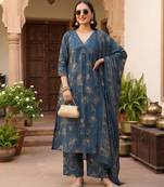 Teal printed pure cotton kurta trouser dupatta set