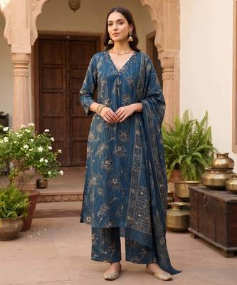 Teal printed pure cotton kurta trouser dupatta set 2