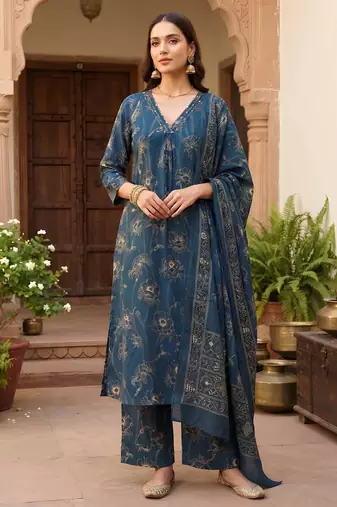 Teal printed pure cotton kurta trouser dupatta set