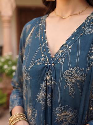 Teal printed pure cotton kurta trouser dupatta set 3