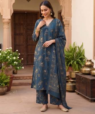 Teal printed pure cotton kurta trouser dupatta set 4