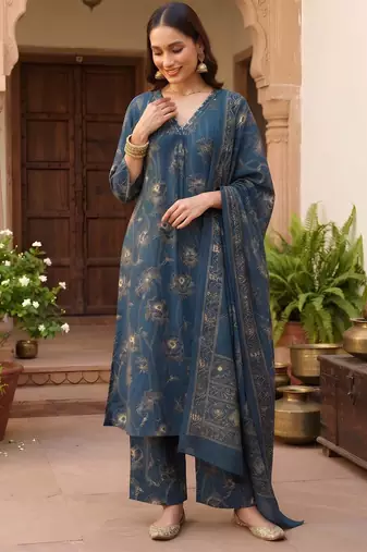 Teal printed pure cotton kurta trouser dupatta set