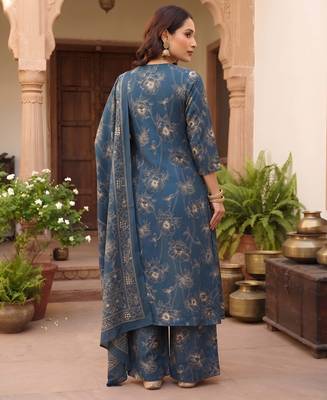 Teal printed pure cotton kurta trouser dupatta set 5