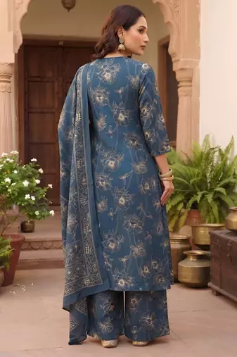 Teal printed pure cotton kurta trouser dupatta set