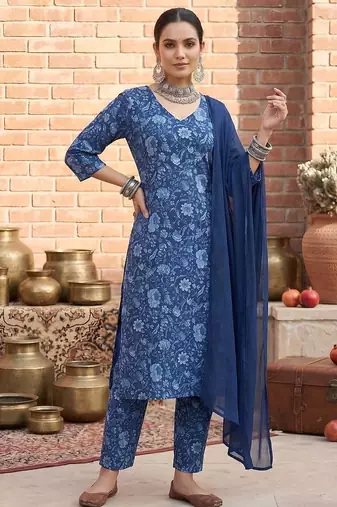 Blue printed pure cotton kurta trouser dupatta set