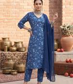 Blue printed pure cotton kurta trouser dupatta set