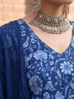 Blue printed pure cotton kurta trouser dupatta set 2