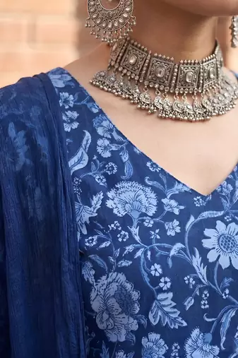 Blue printed pure cotton kurta trouser dupatta set