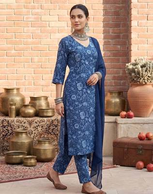 Blue printed pure cotton kurta trouser dupatta set 3