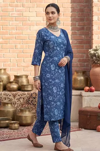 Blue printed pure cotton kurta trouser dupatta set