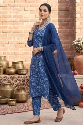Blue printed pure cotton kurta trouser dupatta set