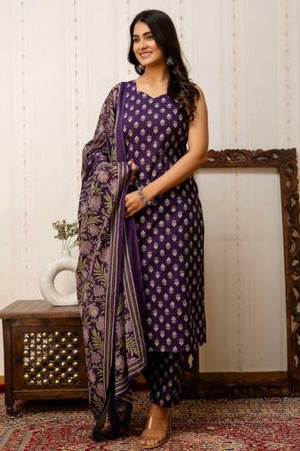 Purple printed pure cotton kurta trouser dupatta set