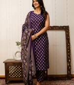 Purple printed pure cotton kurta trouser dupatta set