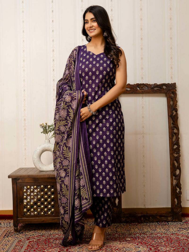 Purple printed pure cotton kurta trouser dupatta set