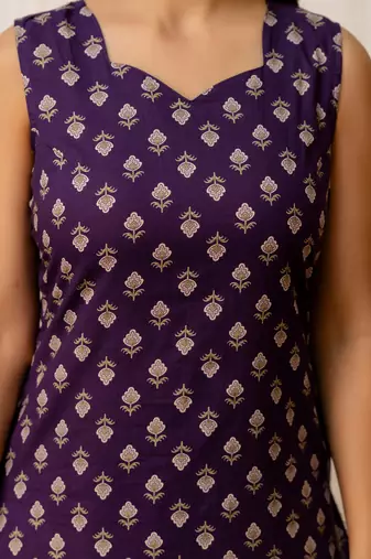 Purple printed pure cotton kurta trouser dupatta set