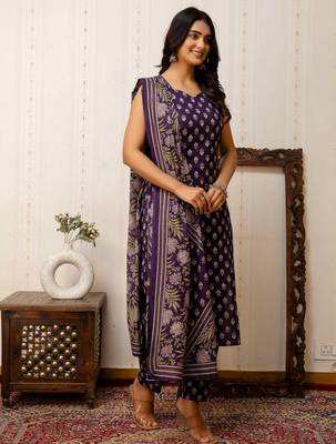 Purple printed pure cotton kurta trouser dupatta set 4