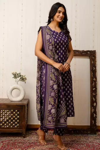 Purple printed pure cotton kurta trouser dupatta set
