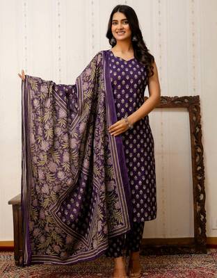 Purple printed pure cotton kurta trouser dupatta set 5