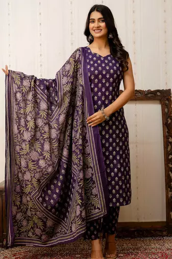 Purple printed pure cotton kurta trouser dupatta set