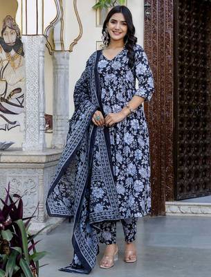 Black printed pure cotton kurta trouser dupatta set 1