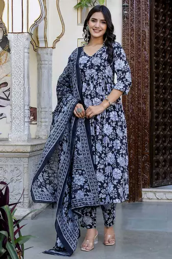 Black printed pure cotton kurta trouser dupatta set