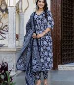 Black printed pure cotton kurta trouser dupatta set