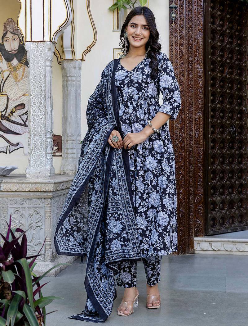Black printed pure cotton kurta trouser dupatta set