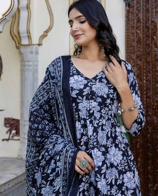 Black printed pure cotton kurta trouser dupatta set 2