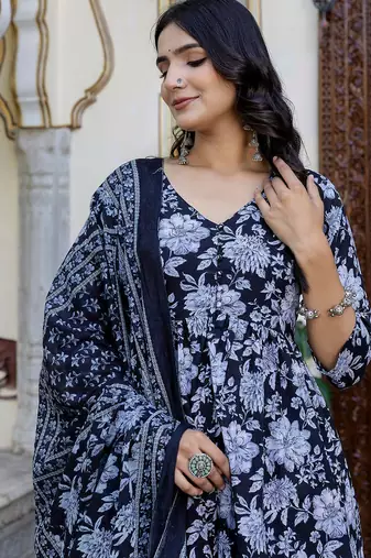 Black printed pure cotton kurta trouser dupatta set