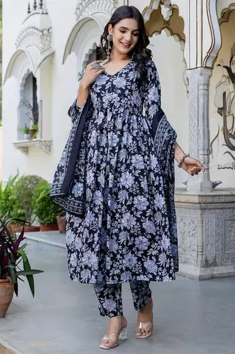 Black printed pure cotton kurta trouser dupatta set