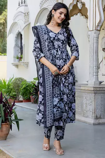 Black printed pure cotton kurta trouser dupatta set