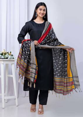 Black printed pure cotton kurta trouser dupatta set 1