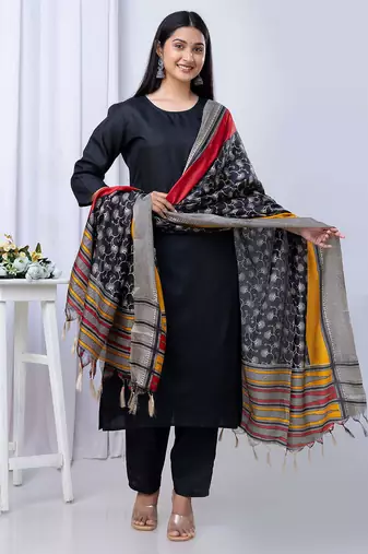 Black printed pure cotton kurta trouser dupatta set