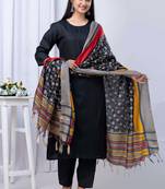 Black printed pure cotton kurta trouser dupatta set