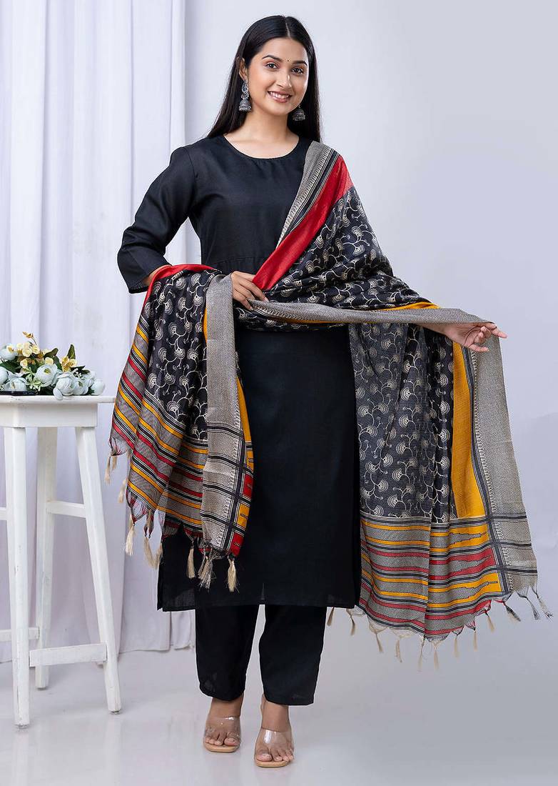 Black printed pure cotton kurta trouser dupatta set