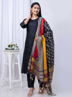 Black printed pure cotton kurta trouser dupatta set 2