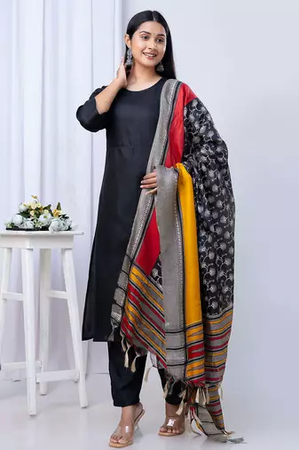 Black printed pure cotton kurta trouser dupatta set