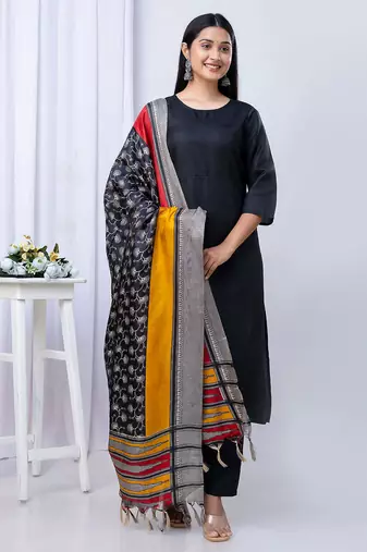 Black printed pure cotton kurta trouser dupatta set