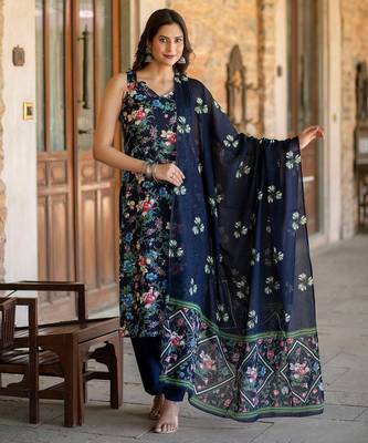 Navy blue printed pure cotton kurta trouser dupatta set 1