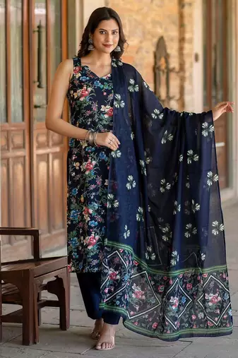 Navy blue printed pure cotton kurta trouser dupatta set