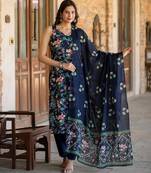 Navy blue printed pure cotton kurta trouser dupatta set