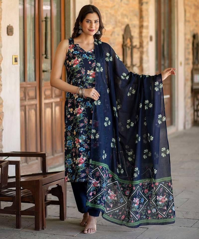 Navy blue printed pure cotton kurta trouser dupatta set