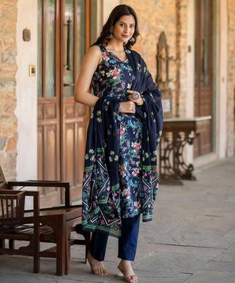 Navy blue printed pure cotton kurta trouser dupatta set 3