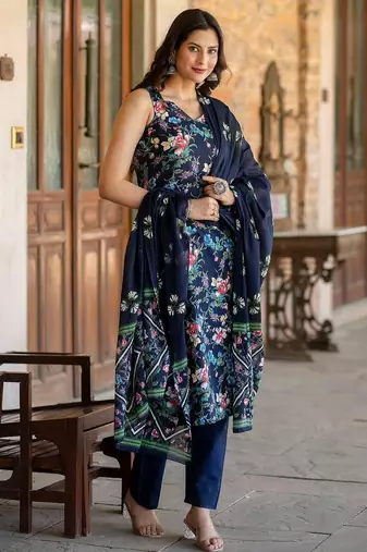 Navy blue printed pure cotton kurta trouser dupatta set