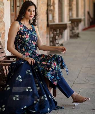 Navy blue printed pure cotton kurta trouser dupatta set 4