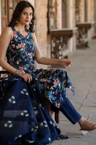 Navy blue printed pure cotton kurta trouser dupatta set
