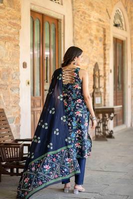 Navy blue printed pure cotton kurta trouser dupatta set 5
